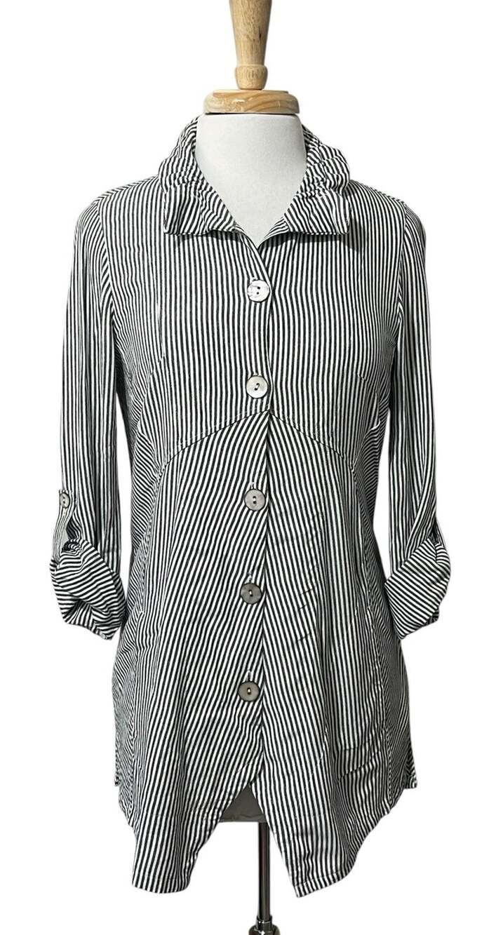 Soft Surroundings Striped Tunic Shirt Gray White Asymmetric Hem Pockets Size XS
